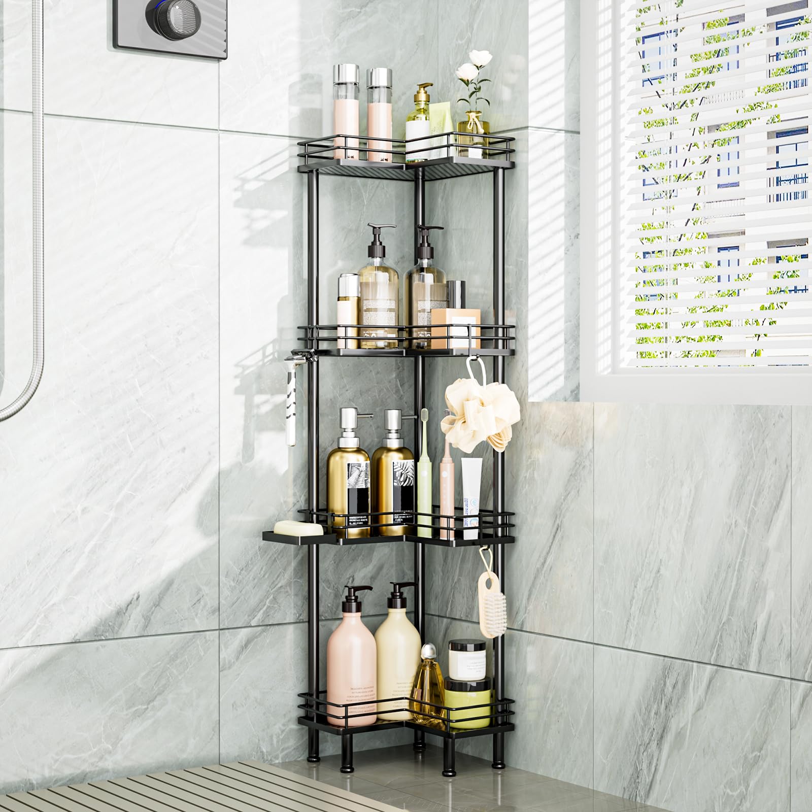 Consumest corner shower caddy standing, four-tier black design keeps bathroom essentials neatly organized.
