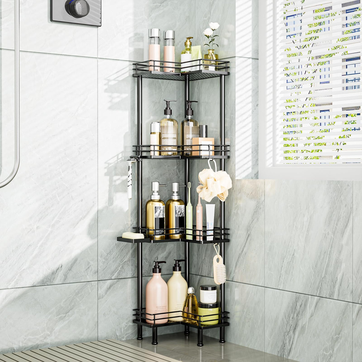 Consumest corner shower caddy standing, four-tier black design keeps bathroom essentials neatly organized.