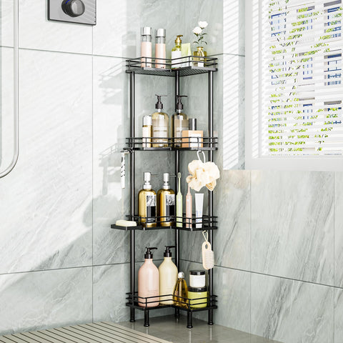 Consumest corner shower caddy standing, four-tier black design keeps bathroom essentials neatly organized.