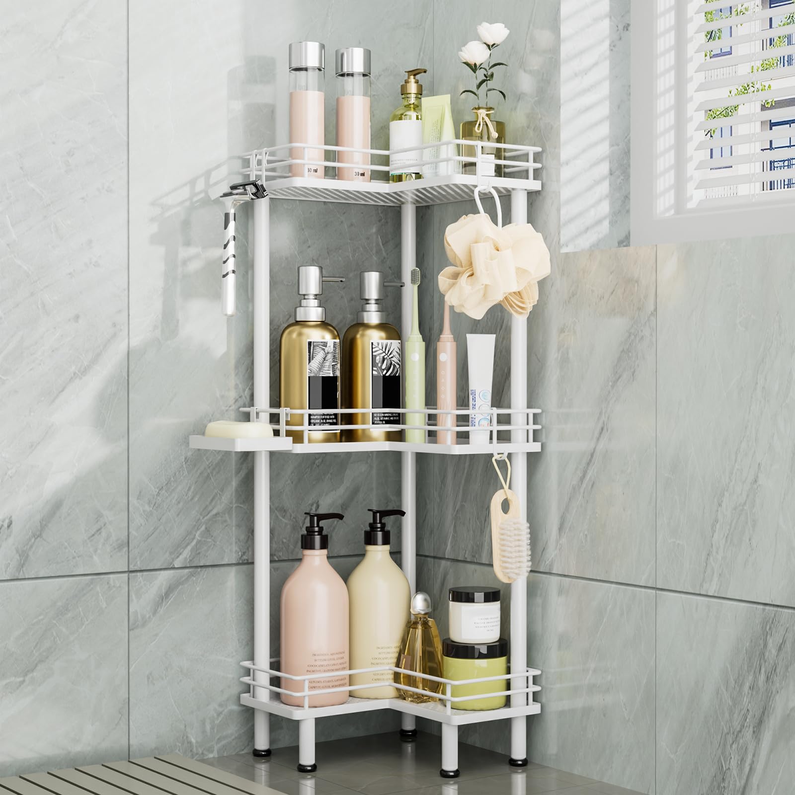 Consumest Corner Shower Caddy Standing shows assembly guide for quick setup in small bathrooms.