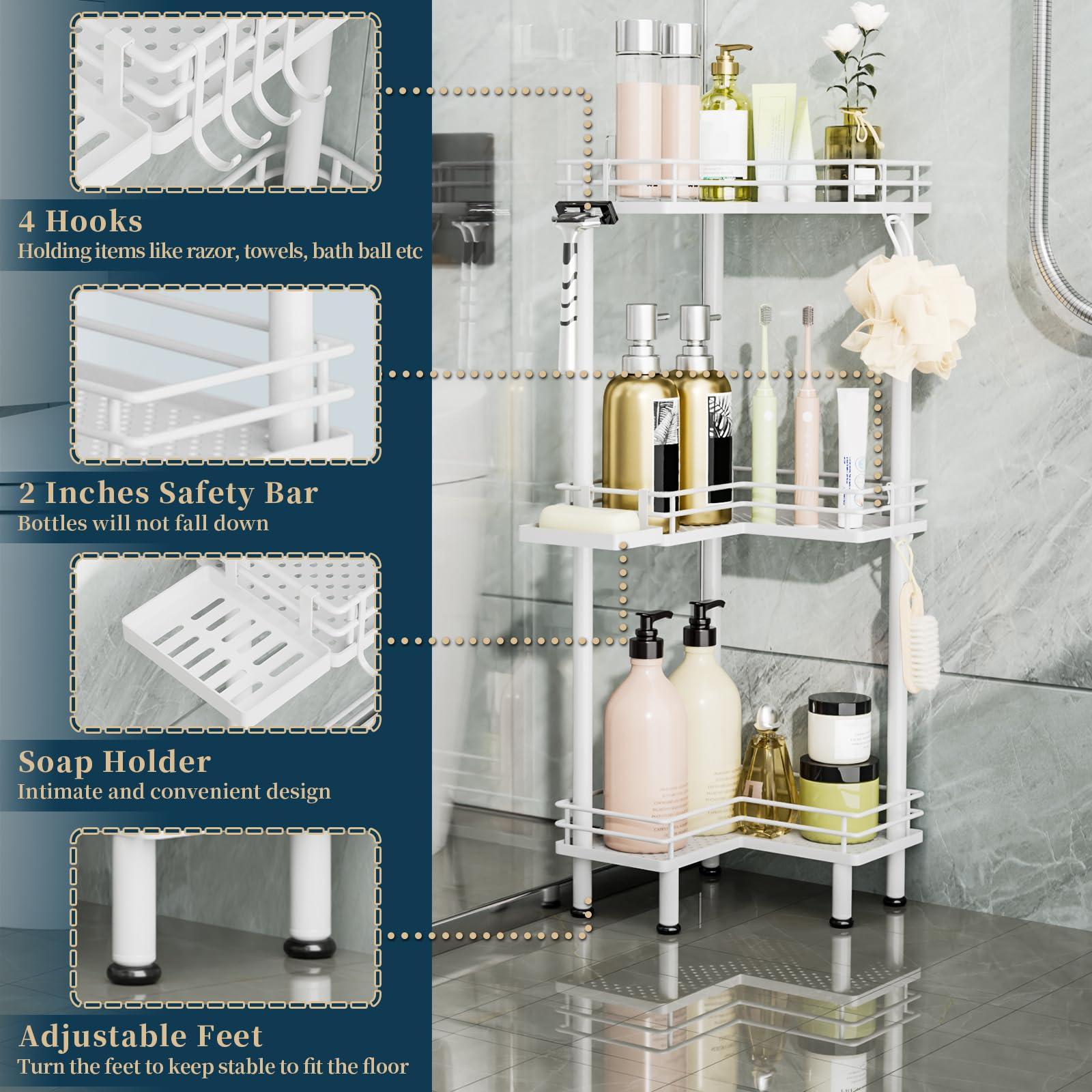 Consumest Corner Shower Caddy Standing highlights drainage design keeps items dry and clean after use.