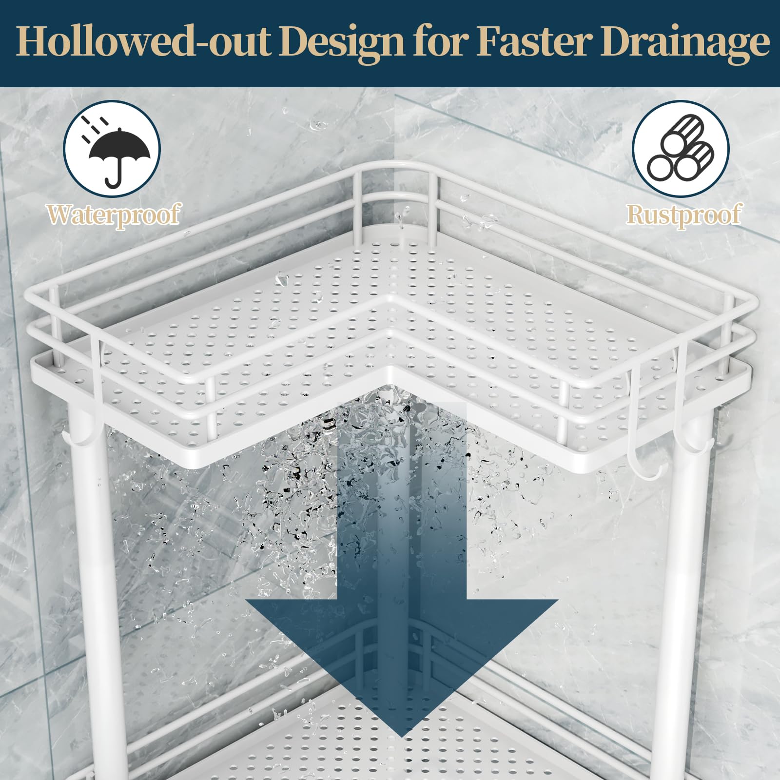 Consumest Corner Shower Caddy Standing includes four hooks for razors and washcloths.