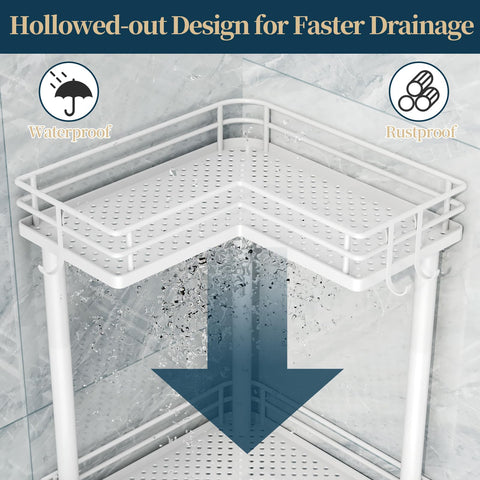 Consumest Corner Shower Caddy Standing includes four hooks for razors and washcloths.