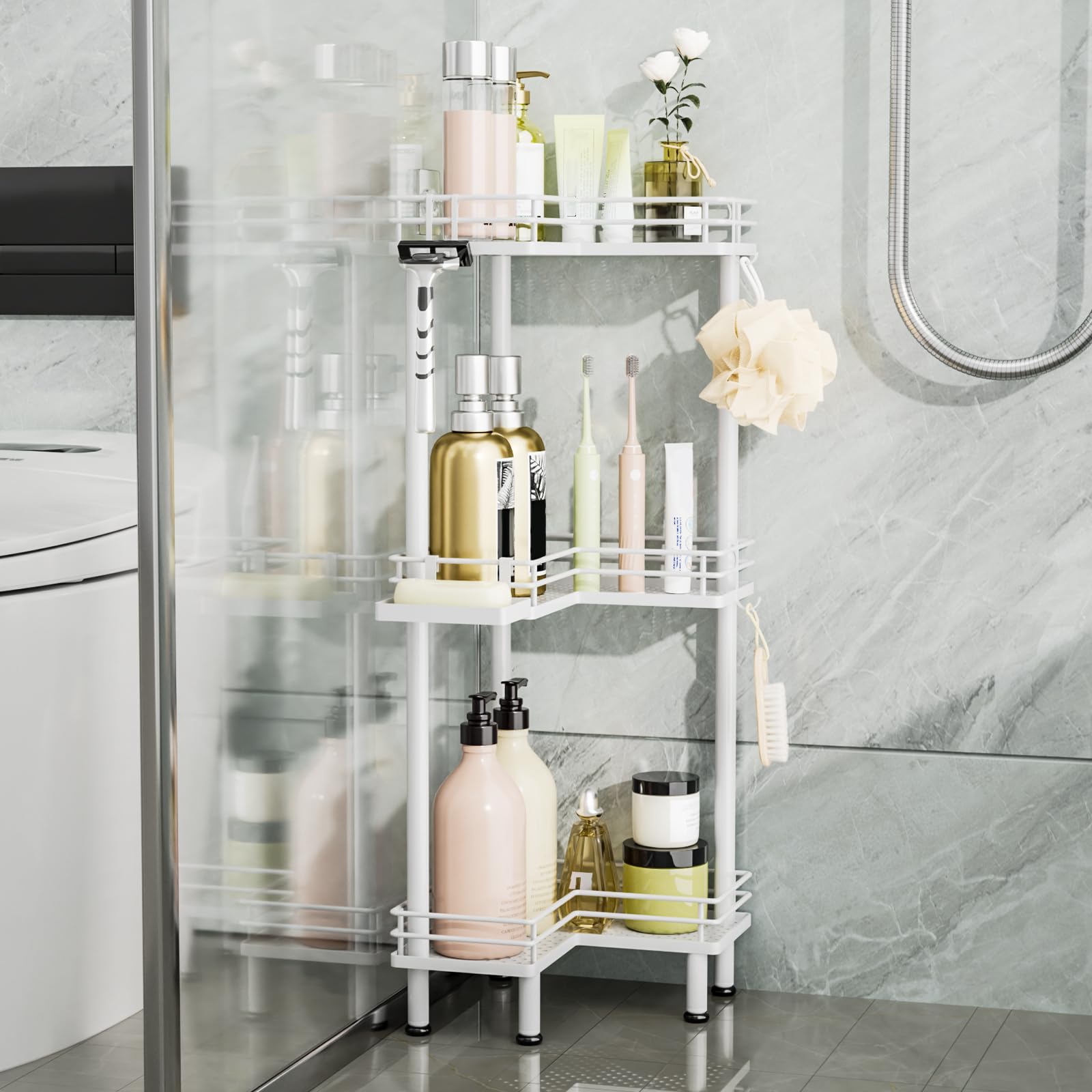 Consumest Corner Shower Caddy Standing offers large capacity to store bottles, soap, and essentials.