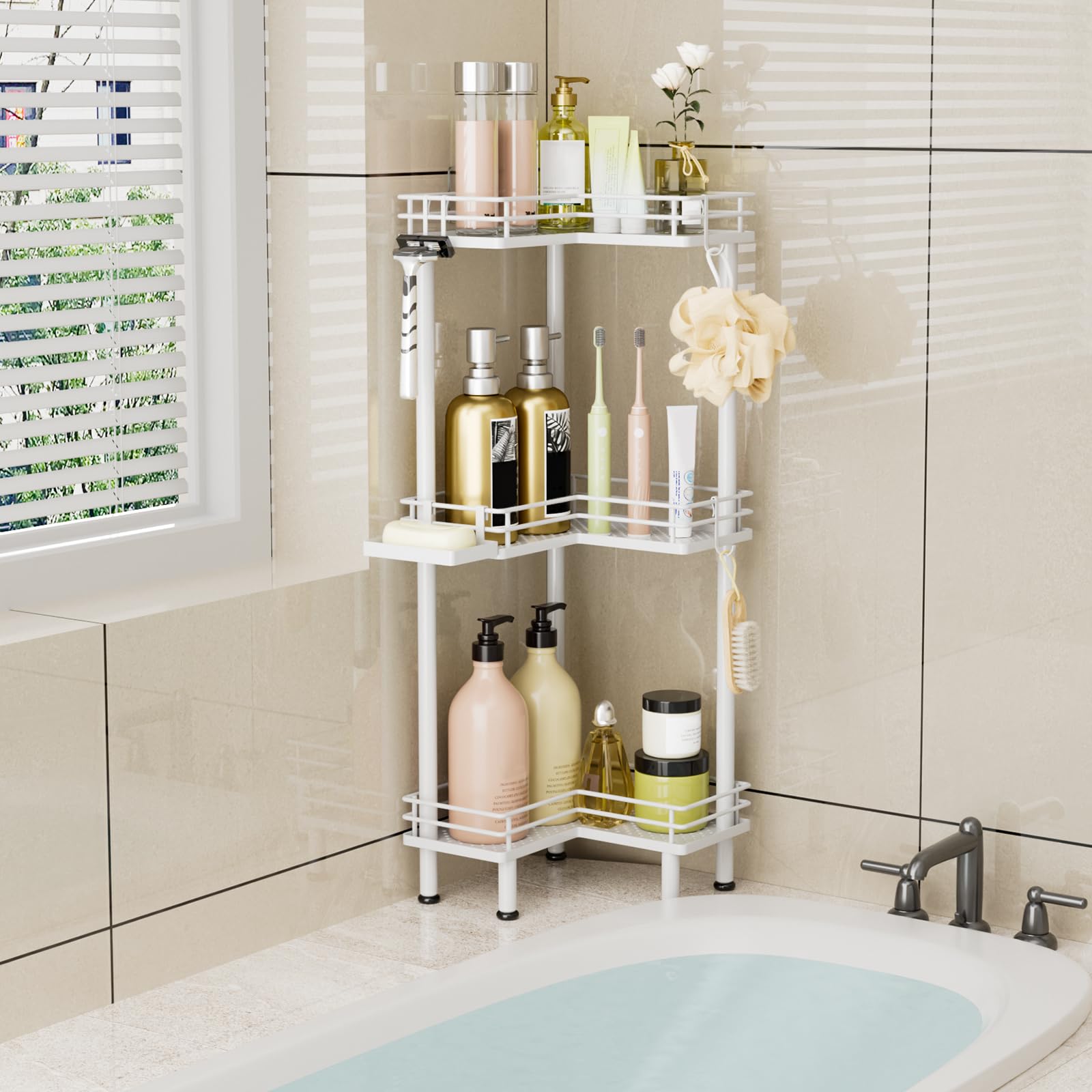 Consumest Corner Shower Caddy Standing with safety rails and adjustable feet stabilizes on uneven floors.