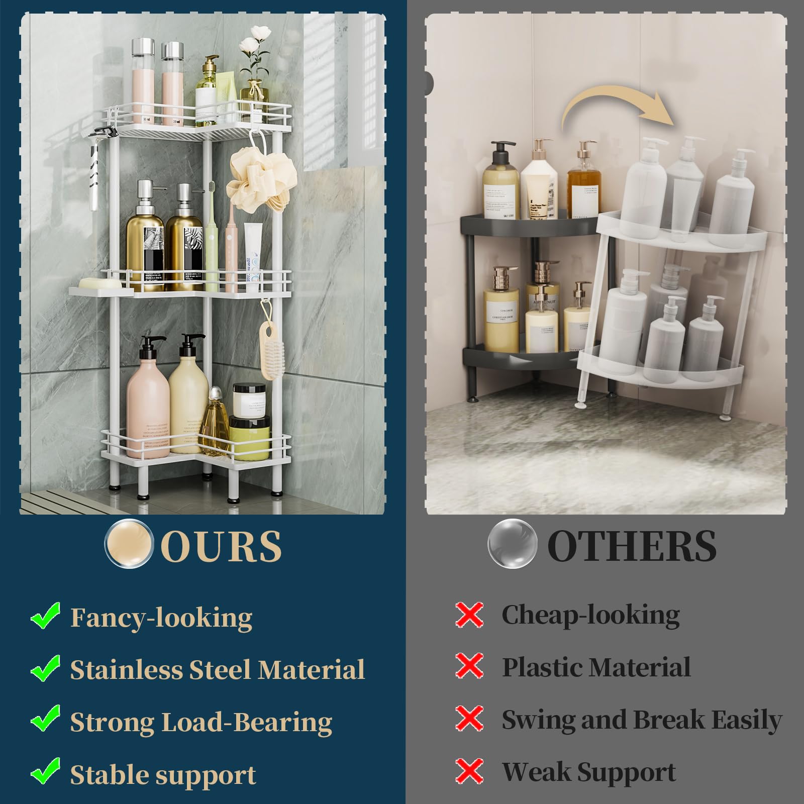 Consumest Corner Shower Caddy Standing features sturdy 304 stainless steel for long lasting organization.