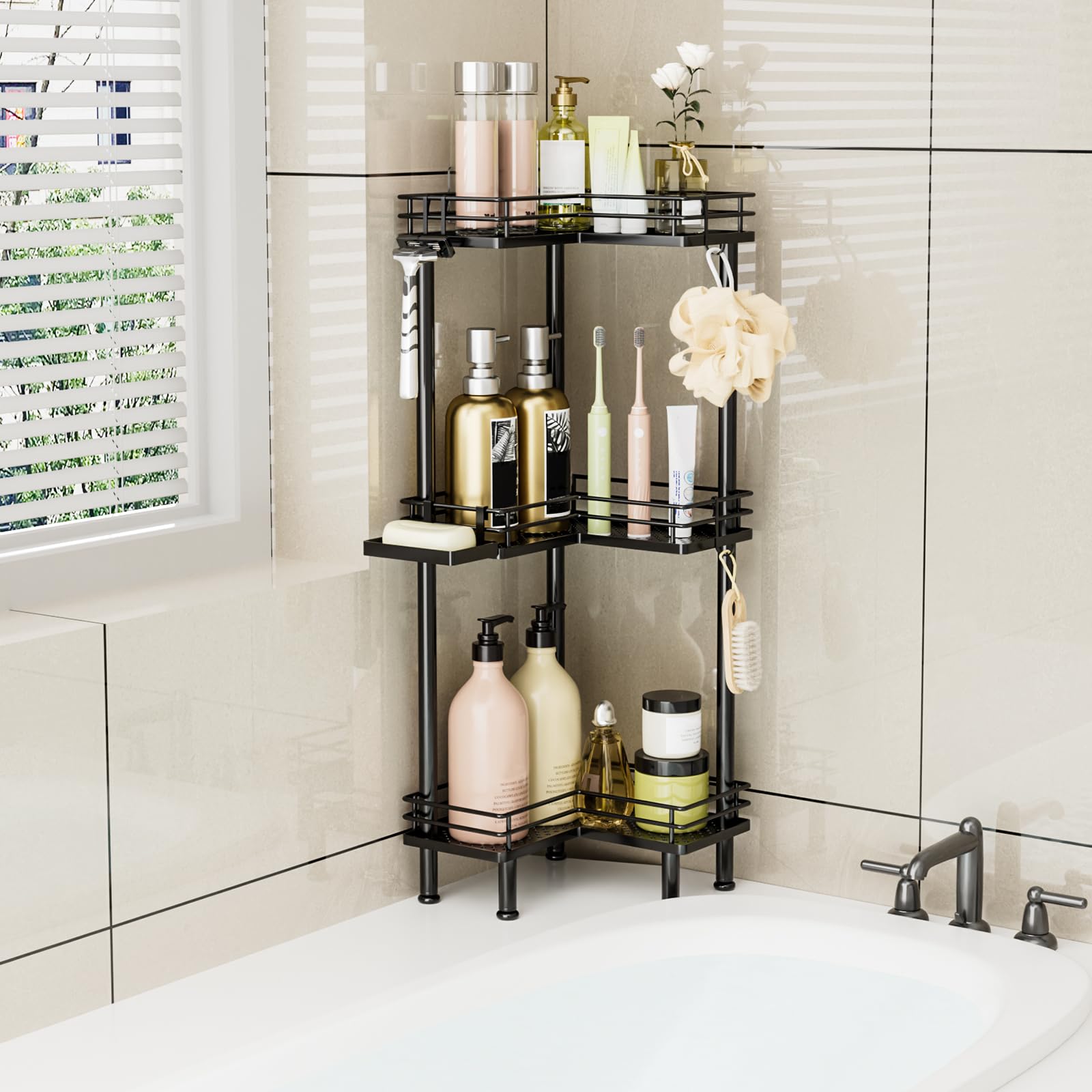 Consumest three-tier corner rack offers ample storage for essentials