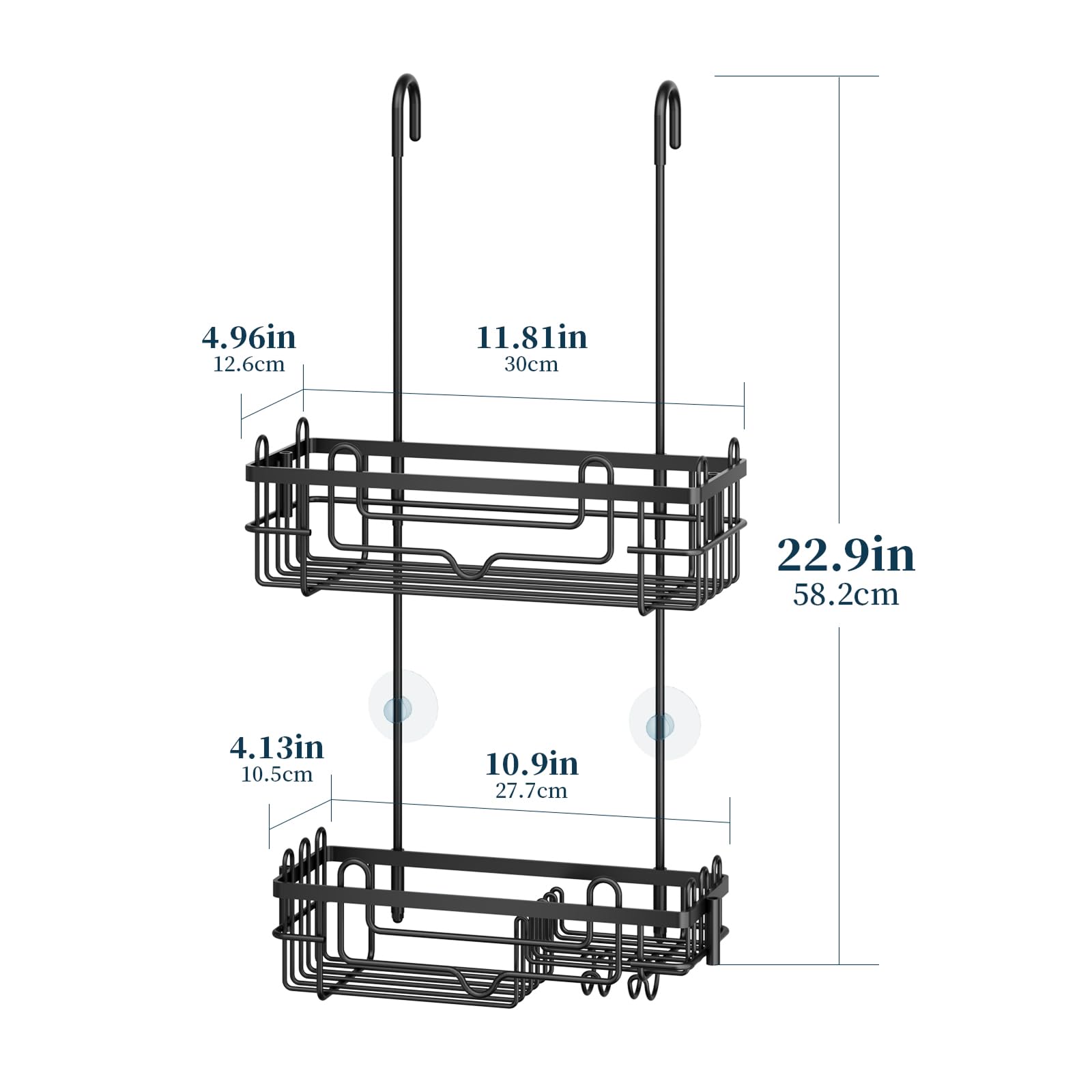 Integrated hooks on the caddy provide towel and accessory storage.