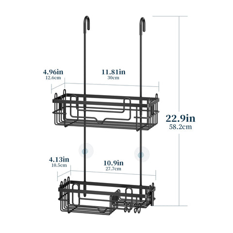 Integrated hooks on the caddy provide towel and accessory storage.