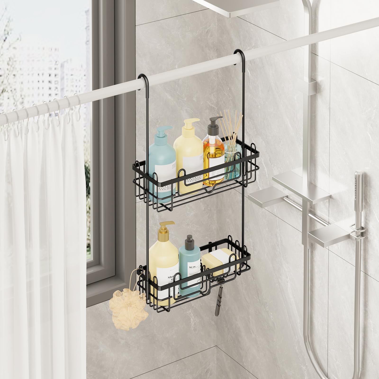 Consumest soap holder on the over-door caddy keeps soap within reach.
