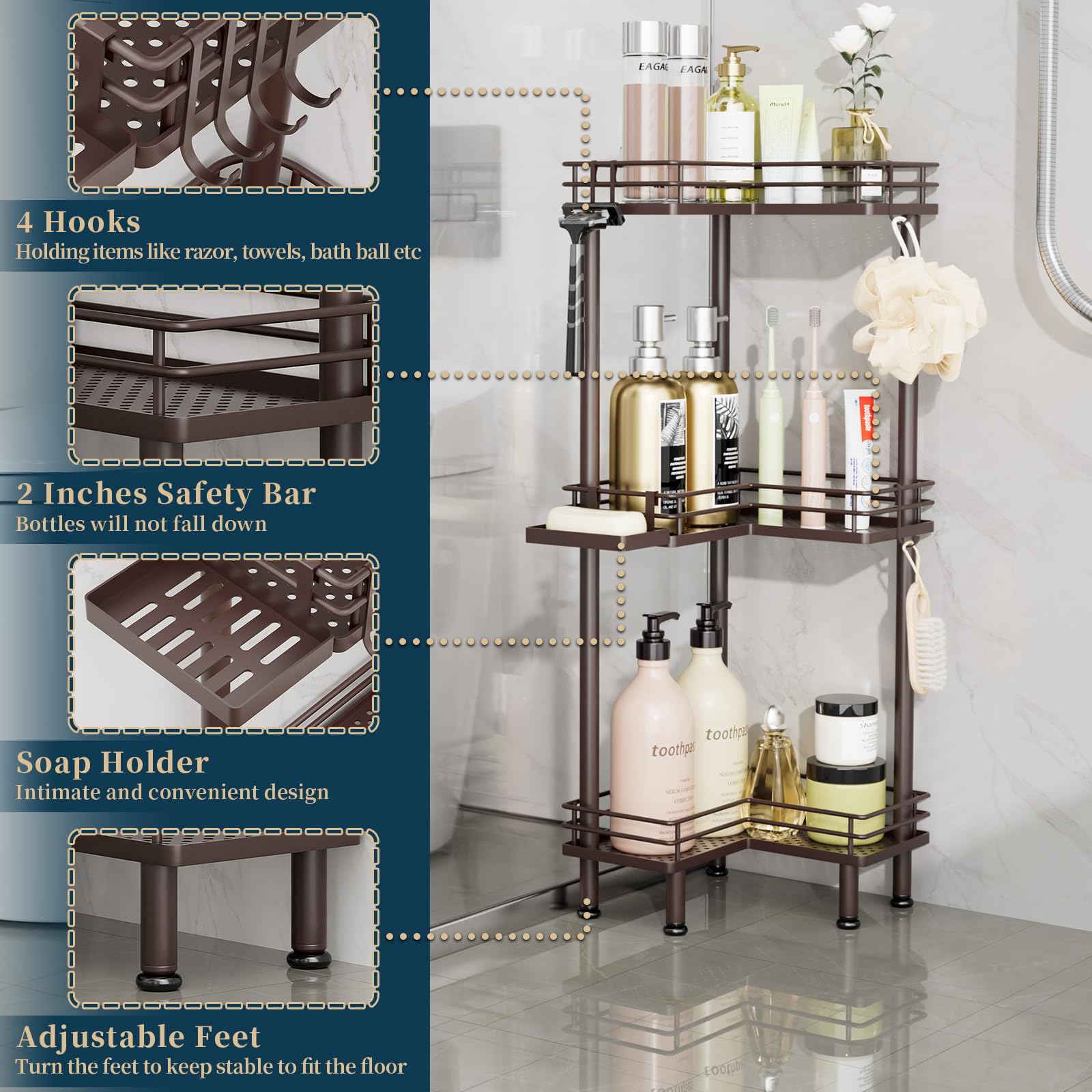 Consumest shower caddy with 4 hooks stores razors and washcloths neatly.