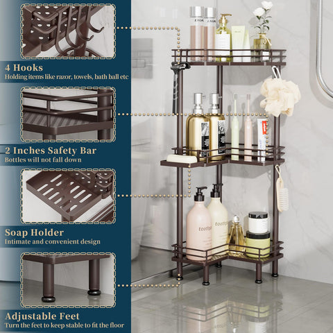 Consumest shower caddy with 4 hooks stores razors and washcloths neatly.