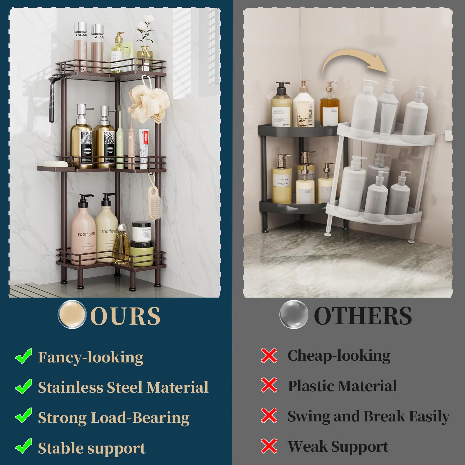 Consumest soap holder on bronze shower caddy keeps soap dry and within reach.