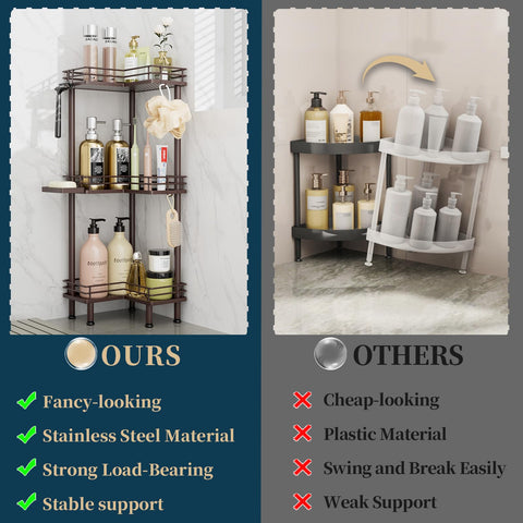 Consumest soap holder on bronze shower caddy keeps soap dry and within reach.