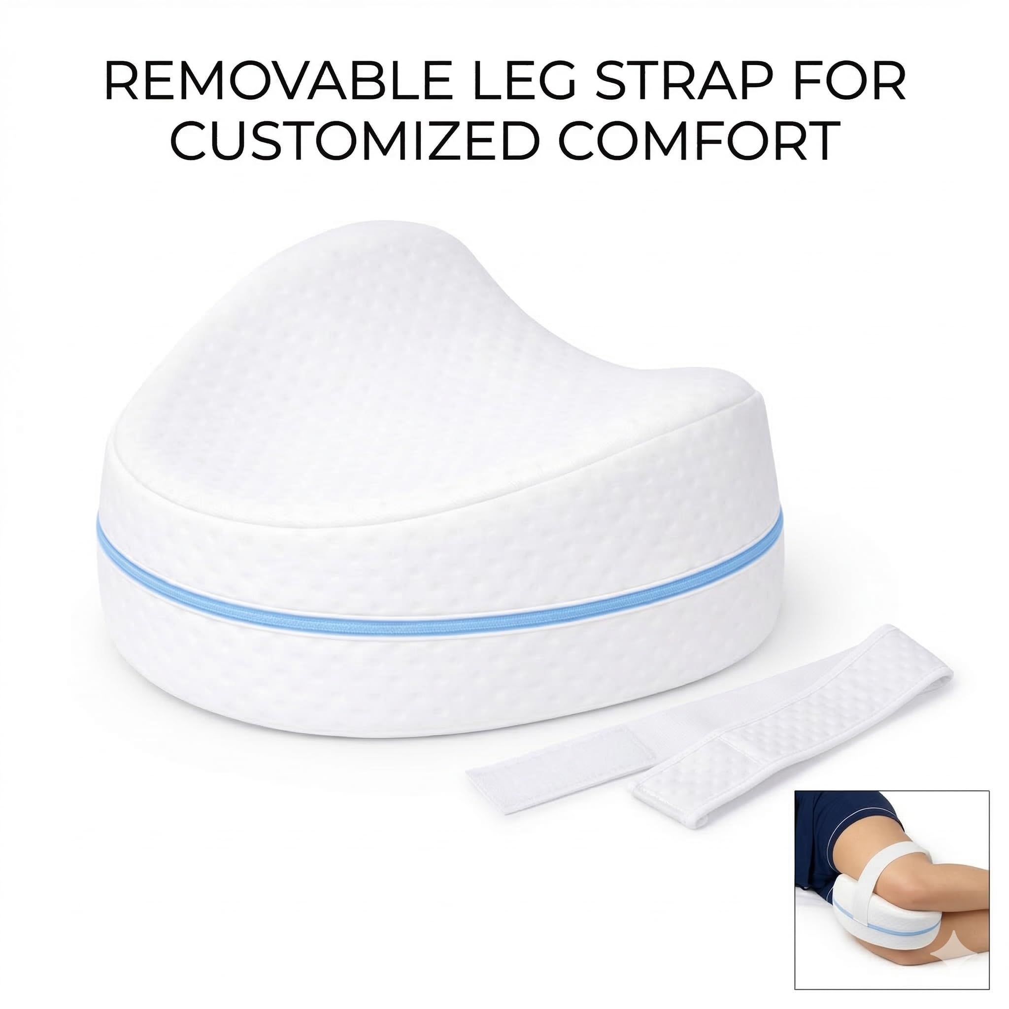 Contour Legacy XL cushion rests between legs for calm night-time positioning on bed.