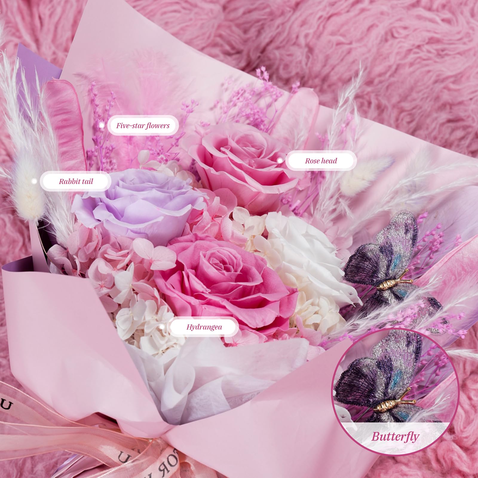 Cooeach pink preserved flowers suited for Valentine’s Day