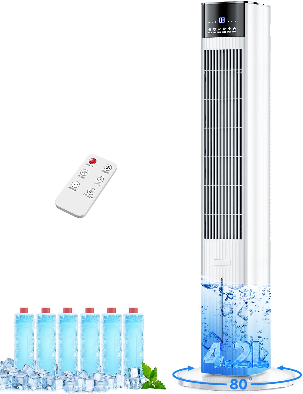 COOLECH 42-inch swamp cooler front view showing tall, stable design for spacious cooling