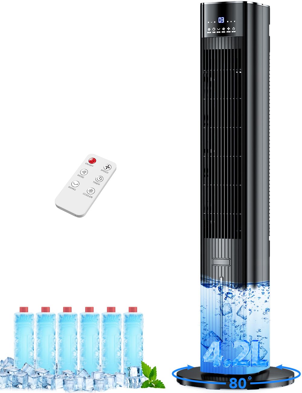 COOLECH 42-inch swamp cooler front view showing room-wide cooling capability