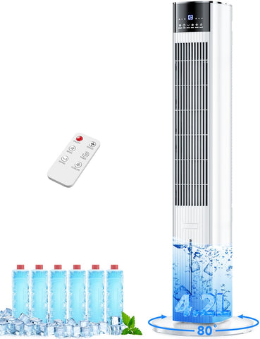 COOLECH 42-inch swamp cooler front view showing tall, stable design for spacious cooling
