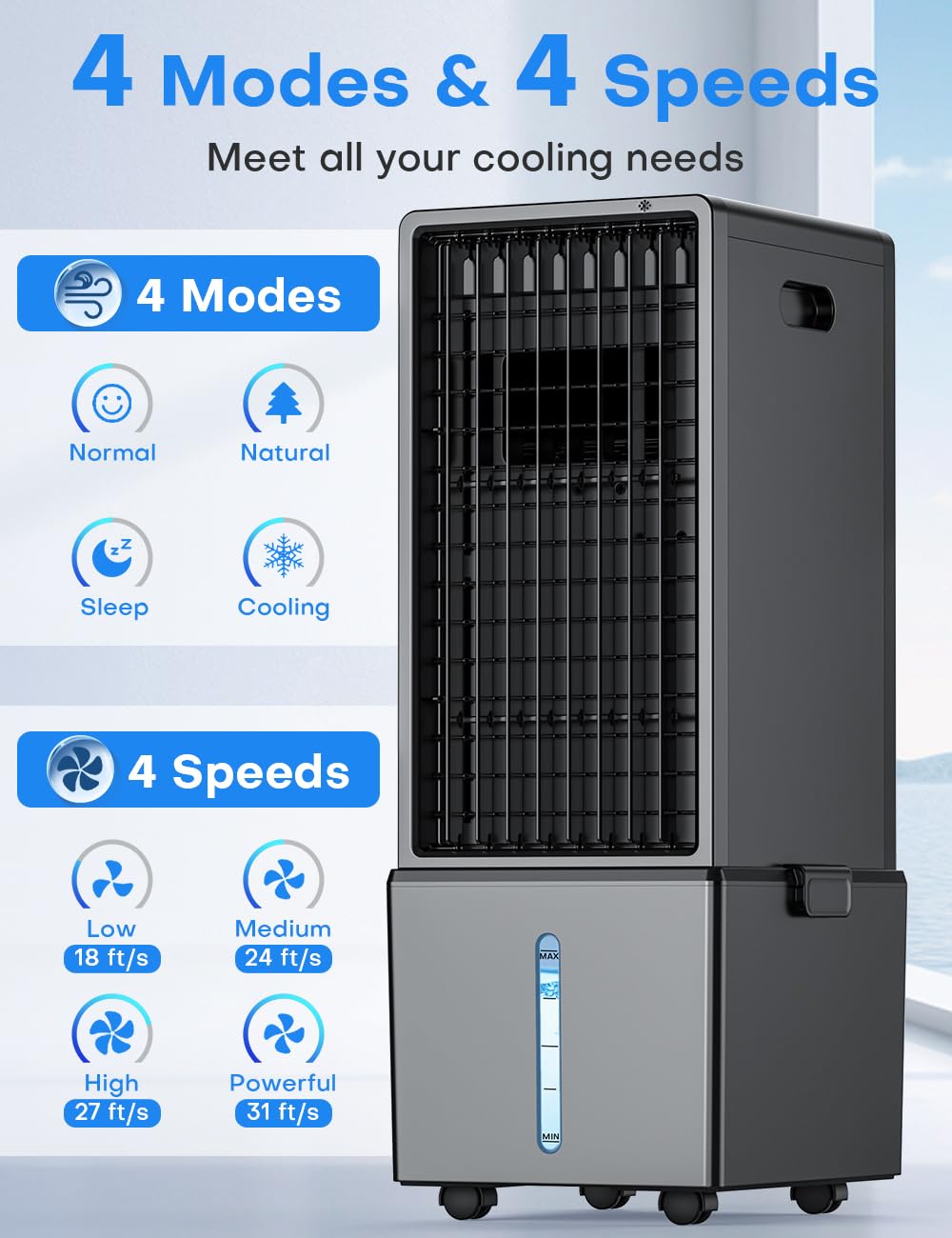 COOLECH smart water alert notifies when refilling is needed and maintains airflow