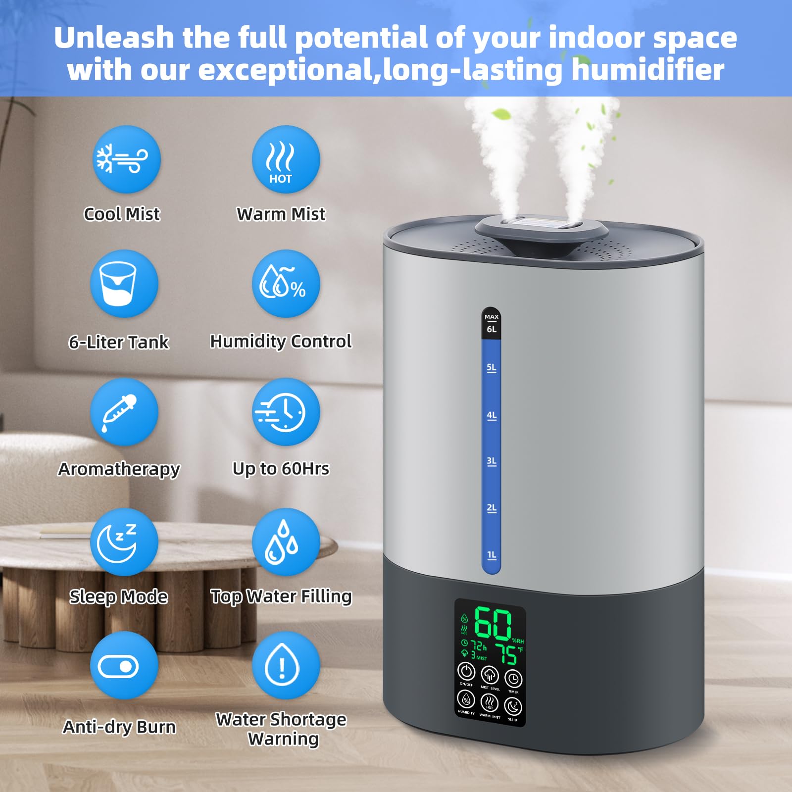 Coolfiqu humidifier with 360° nozzle dispersing mist in all directions
