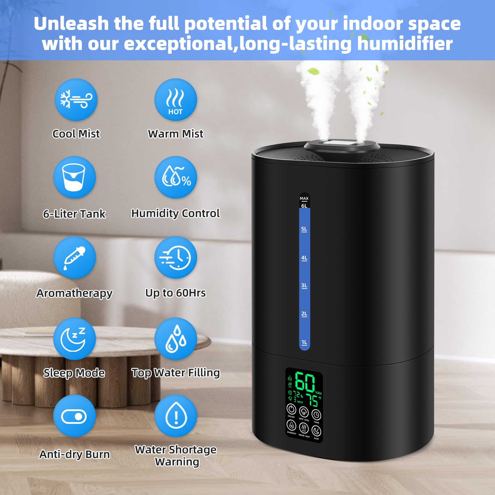 Coolfiqu 6L humidifier suited for large rooms and nurseries