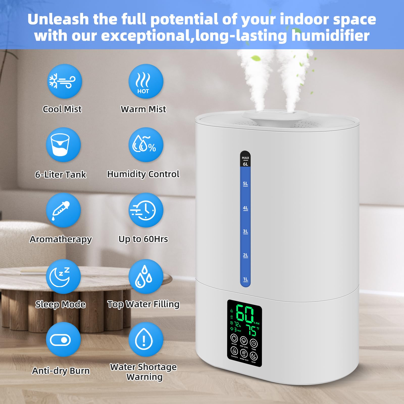 Coolfiqu large-room humidifier supports 60-hour runs with steady moisture.