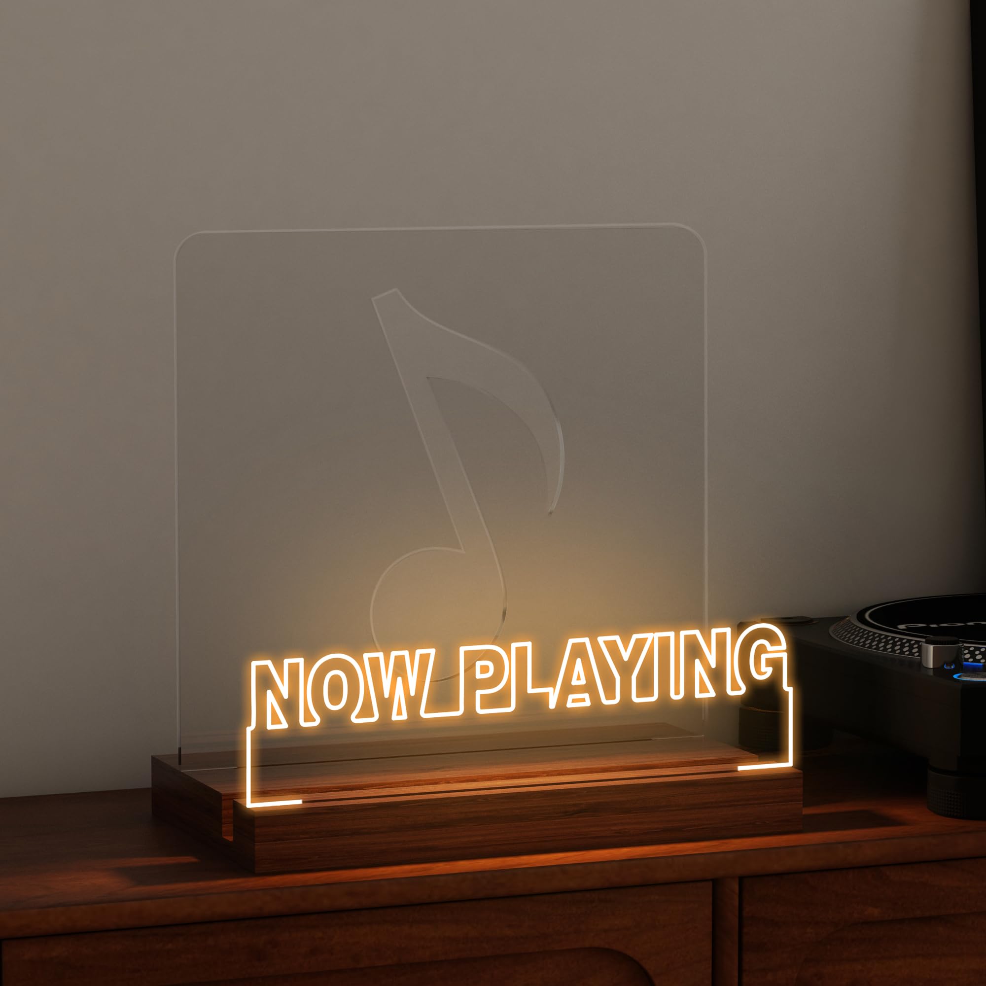 CoolGift Mart Now Playing Vinyl Stand highlighting collection with warm glow