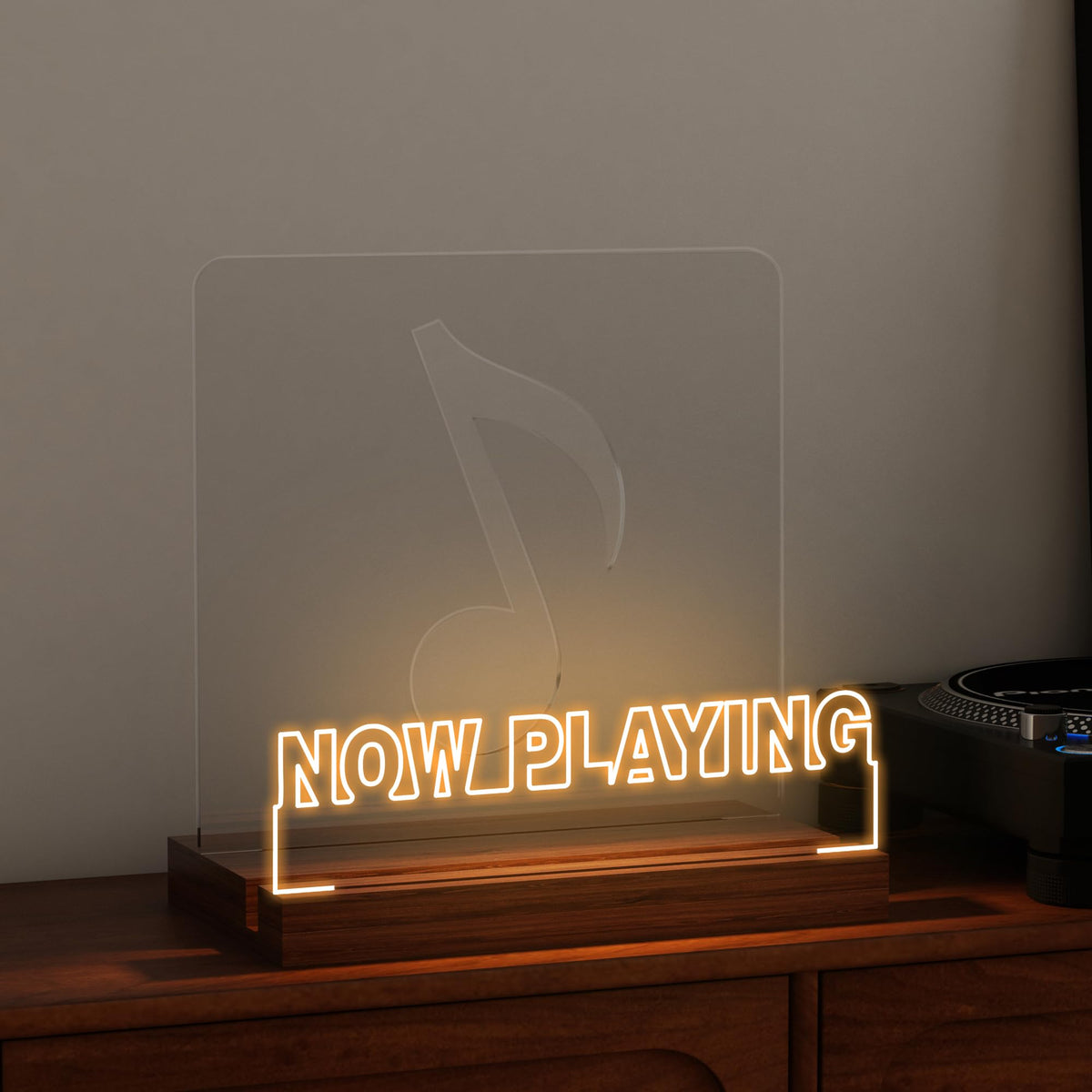 CoolGift Mart Now Playing Vinyl Stand highlighting collection with warm glow