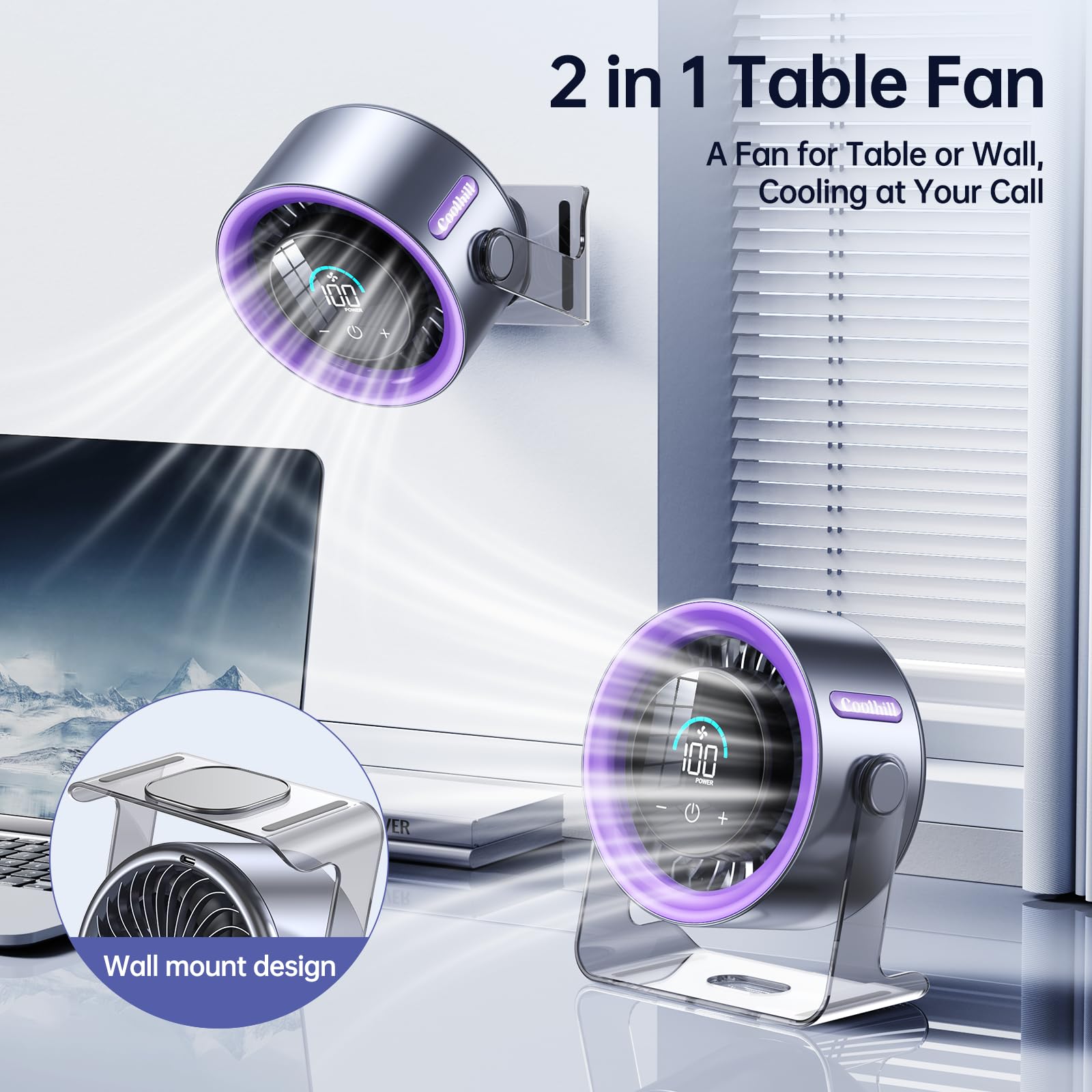 Coolhill USB desk fan purple digital display for precise speed control