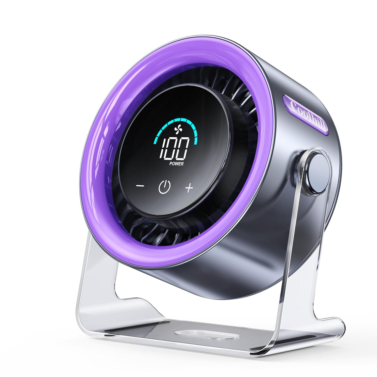 Coolhill USB desk fan purple front view with quiet operation for bedroom or office