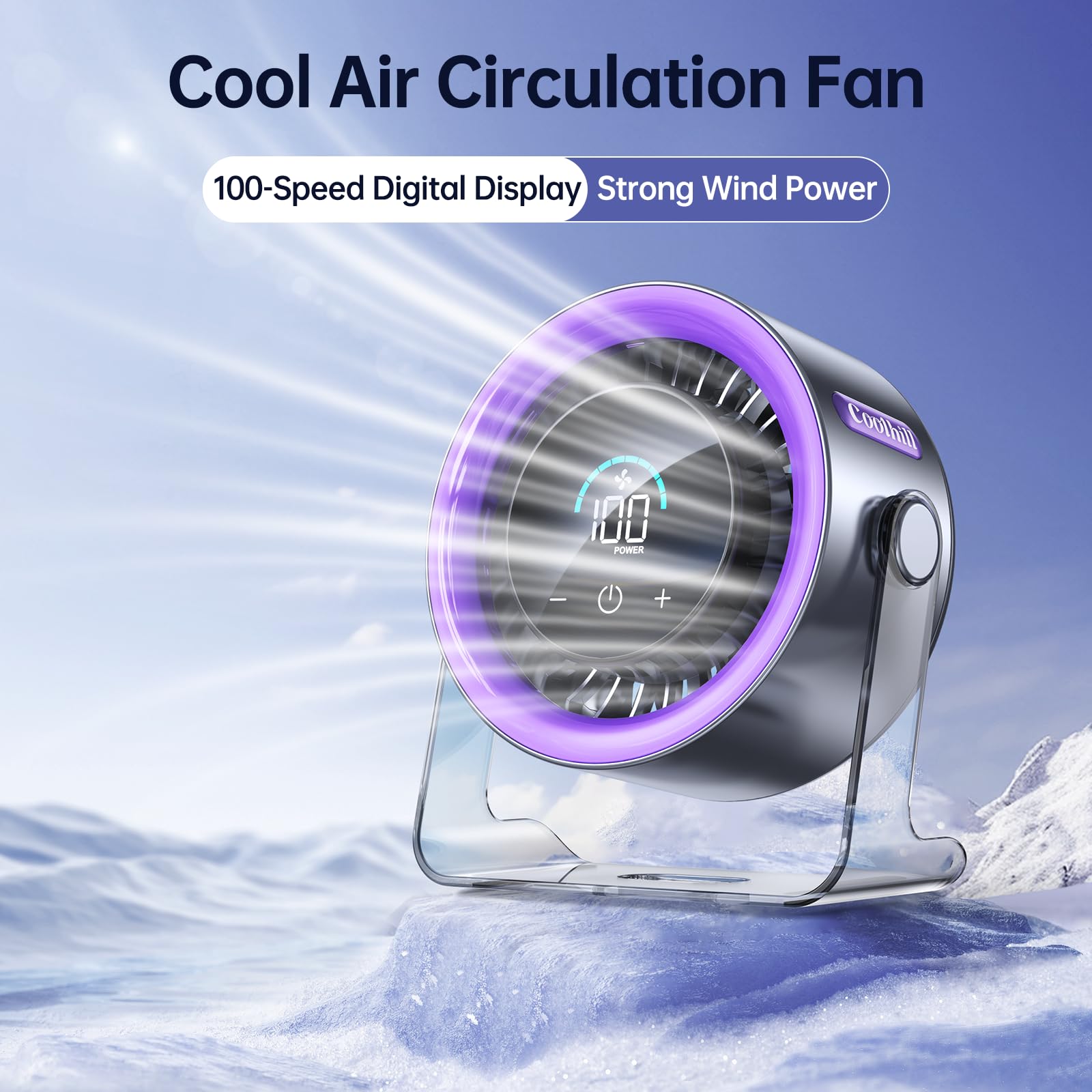 Coolhill USB desk fan purple side view highlighting compact portable design