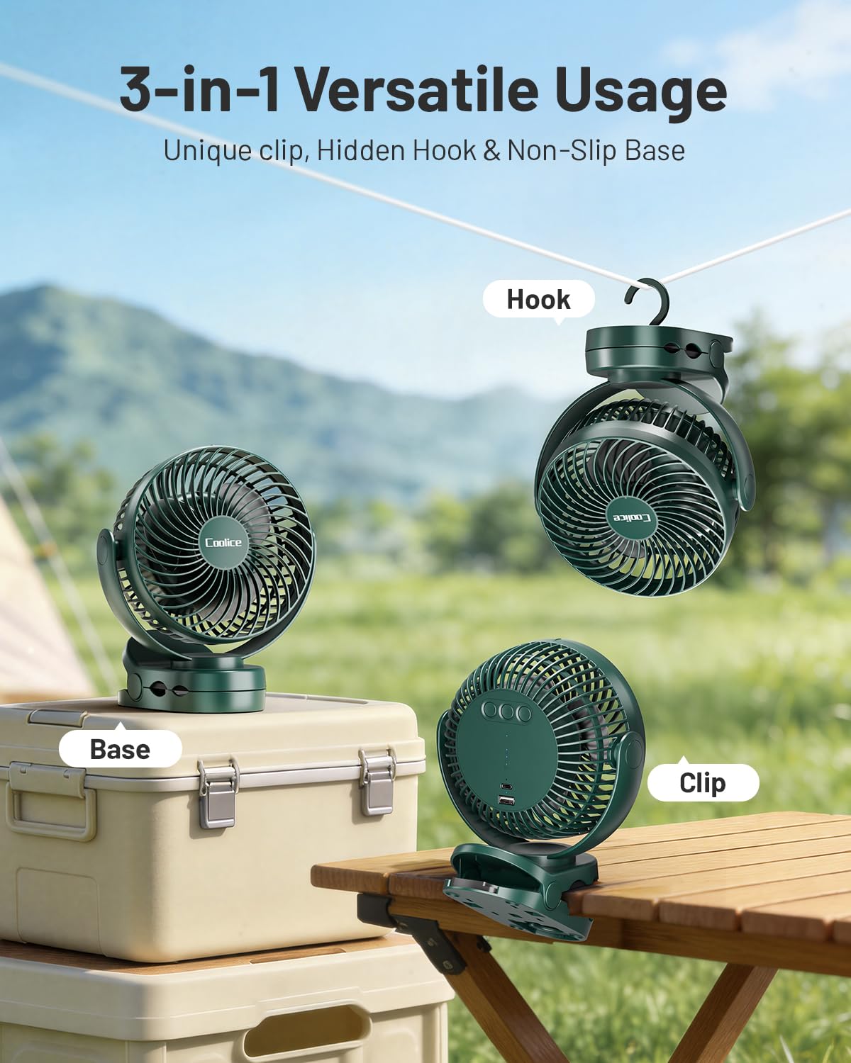 Coolice 12000mAh battery powers extended use of the camping fan.