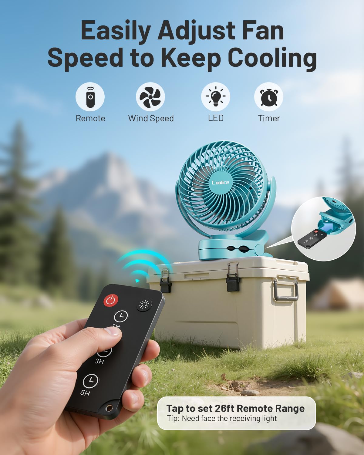Coolice camping fan with 360-degree rotation for versatile airflow
