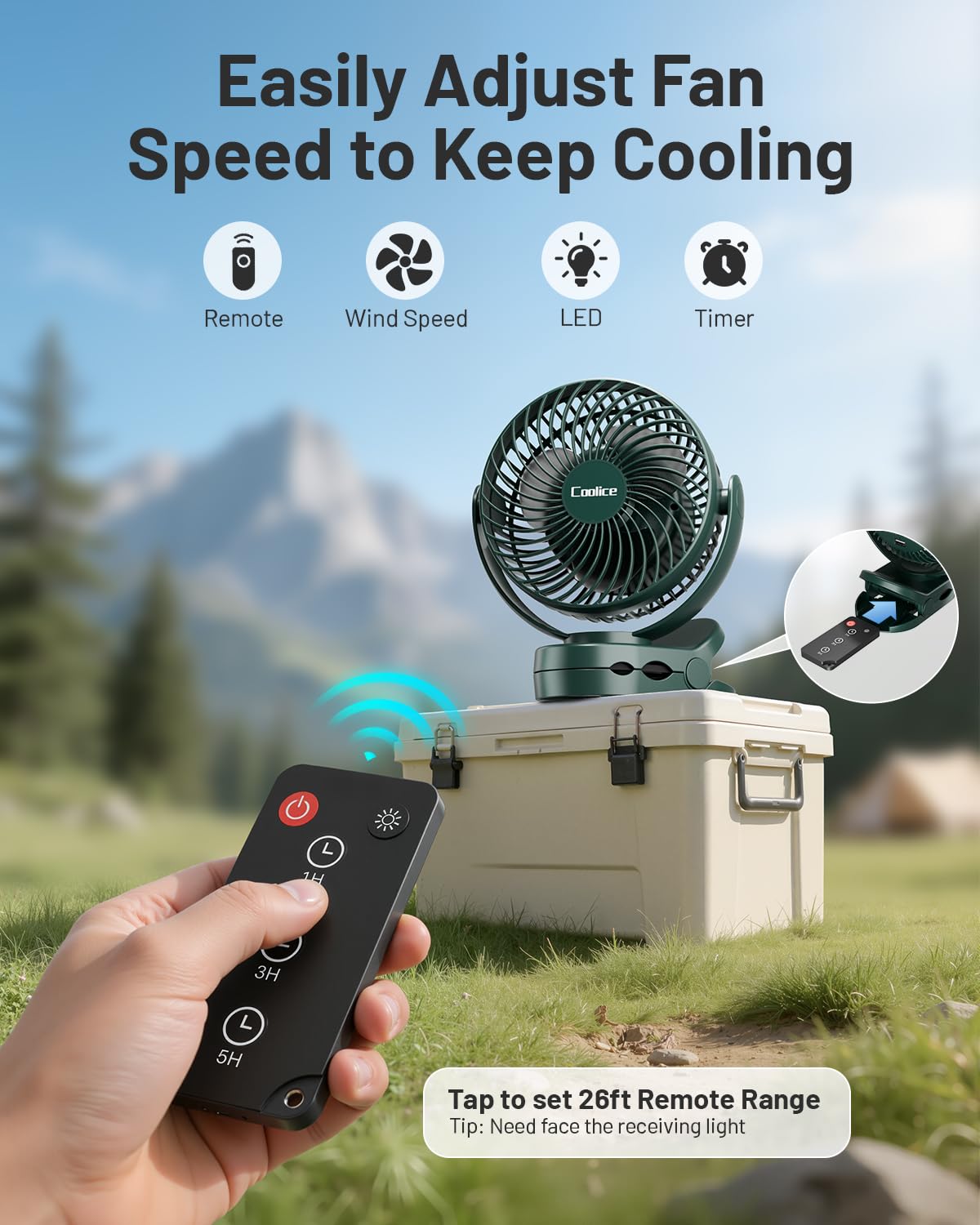 Coolice camping fan features a foldable hook for easy hanging in tents or RVs.