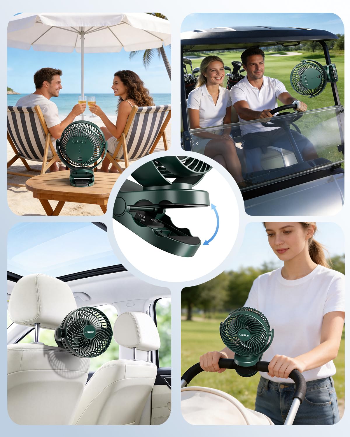 Coolice camping fan in tent use demonstrates versatile placement and lighting.