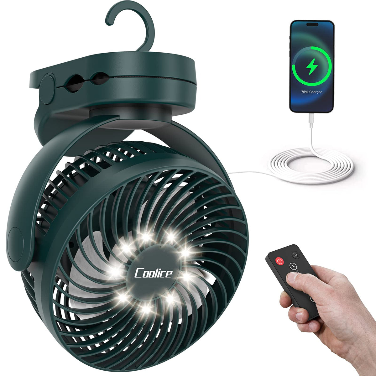 Coolice camping fan with remote control for hands-free adjustments during outdoor adventures.