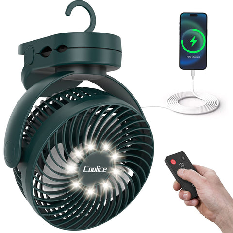Coolice camping fan with remote control for hands-free adjustments during outdoor adventures.