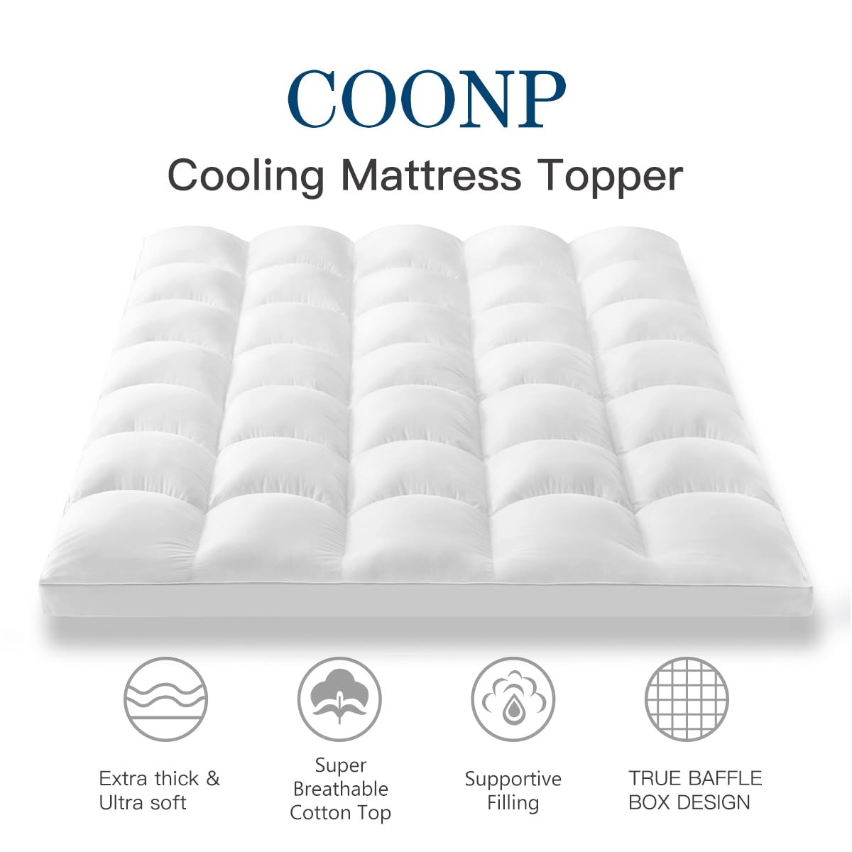 COONP topper with cooling plush surface demonstrating heat-wicking sleep surface.