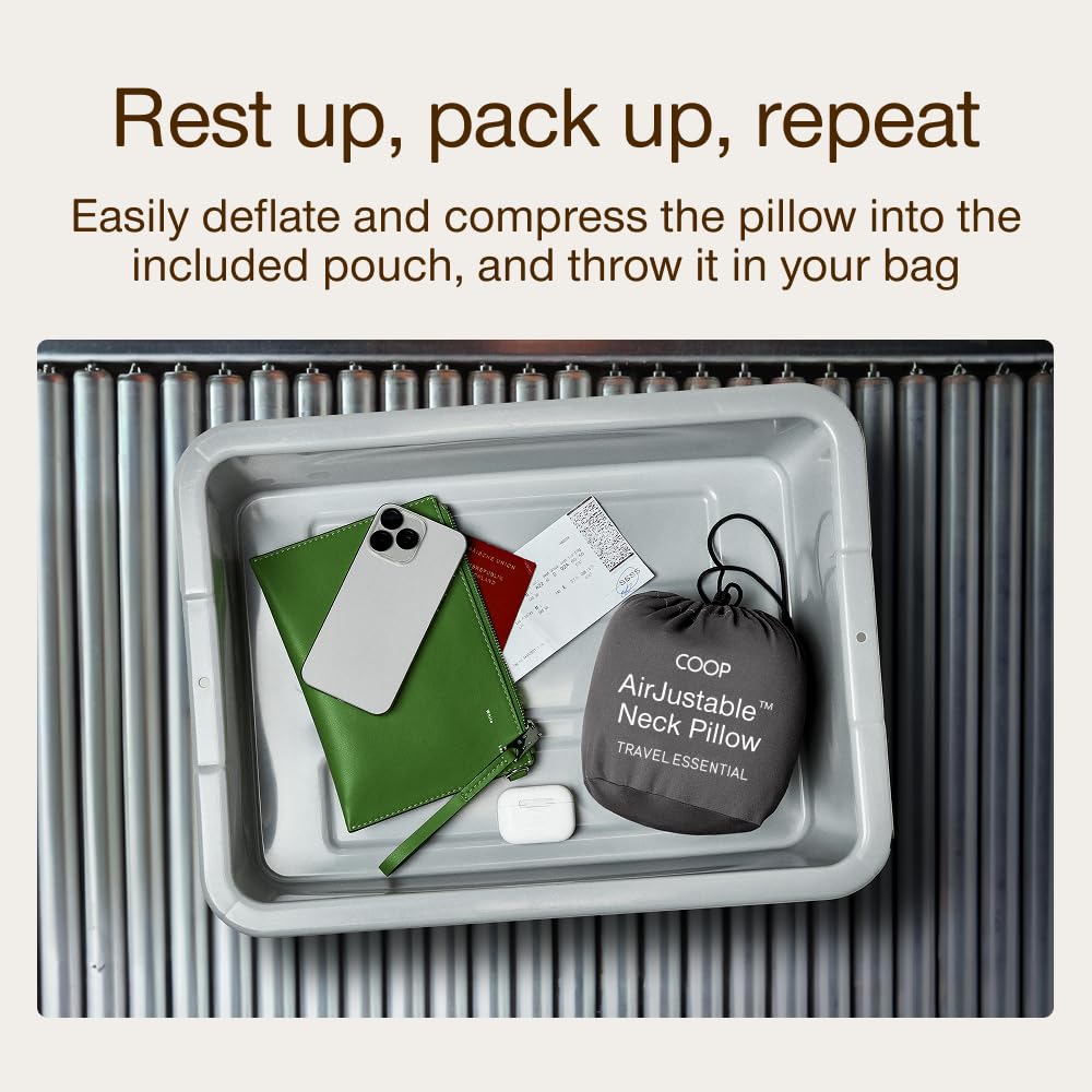 Coop Home Goods AirJustable neck pillow deflates and folds for quick packing.