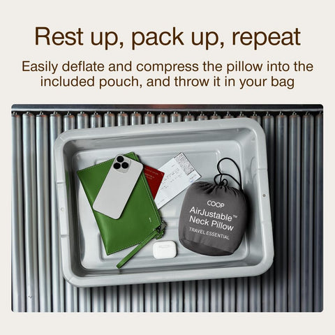 Coop Home Goods AirJustable neck pillow deflates and folds for quick packing.