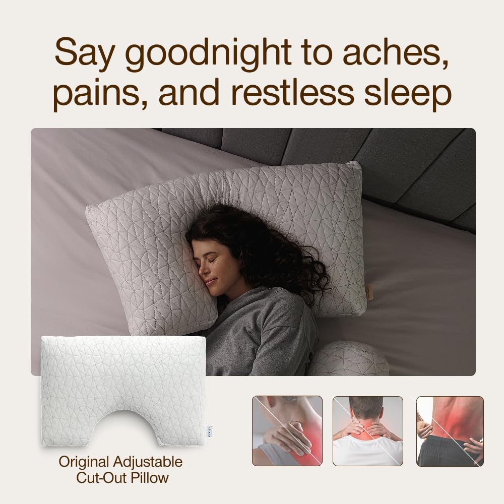 Coop Home Goods cut-out pillow neck-shoulder support helps align spine during sleep.