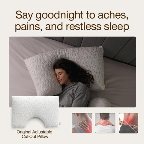 Coop Home Goods cut-out pillow neck-shoulder support helps align spine during sleep.