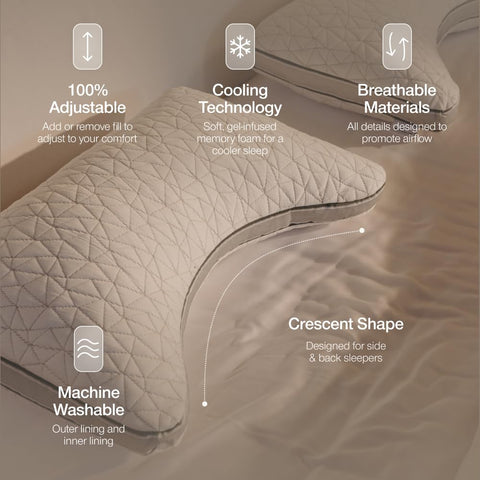 Coop Home Goods Eden Crescent pillow's cooling gel memory foam maintains breathability.