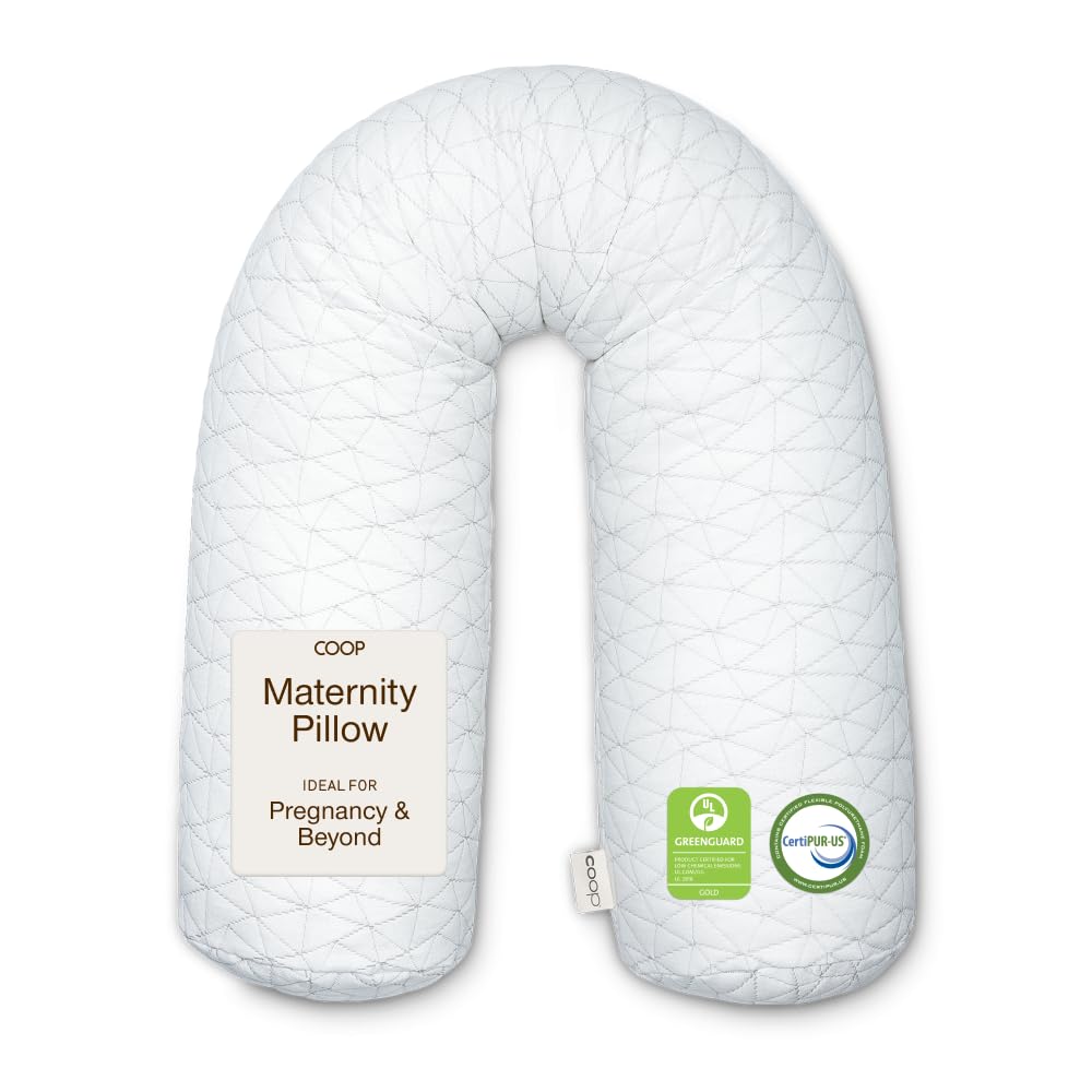 Coop Home Goods Original Maternity Pillow packaging shows adjustable comfort for sleep.