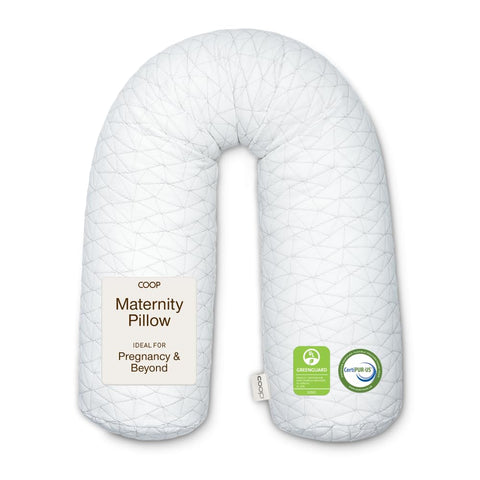 Coop Home Goods Original Maternity Pillow packaging shows adjustable comfort for sleep.