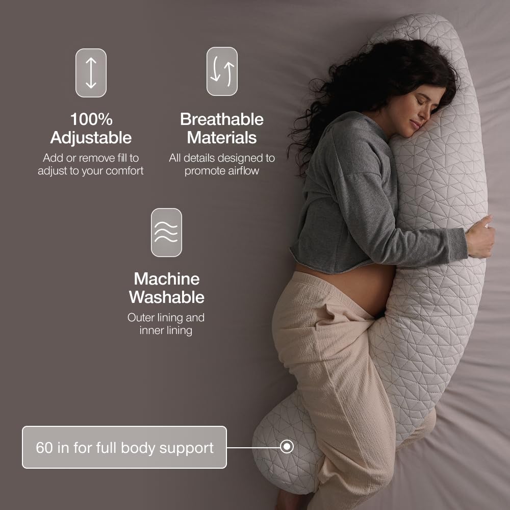 Coop Home Goods Maternity Pillow demonstrates side sleeping alignment for healthier rest.