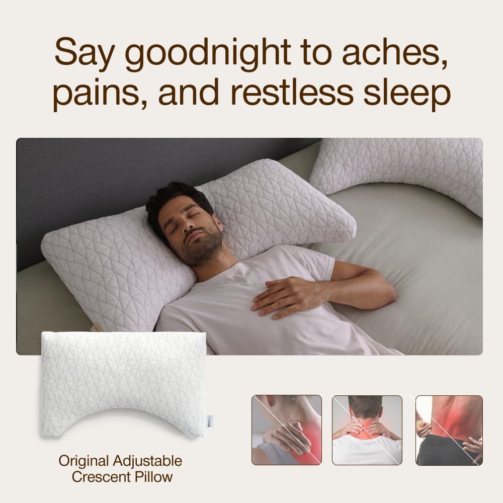 Coop Home Goods Crescent Pillow back-side-sleep support shows ergonomic crescent alignment