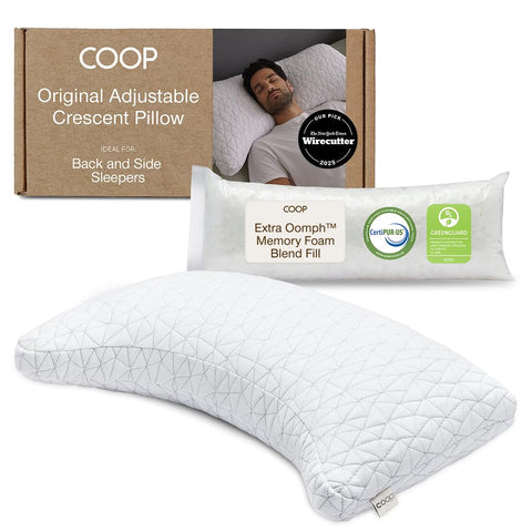 Coop Home Goods Original Crescent Pillow loft view showcases adjustable height for personalized comfort