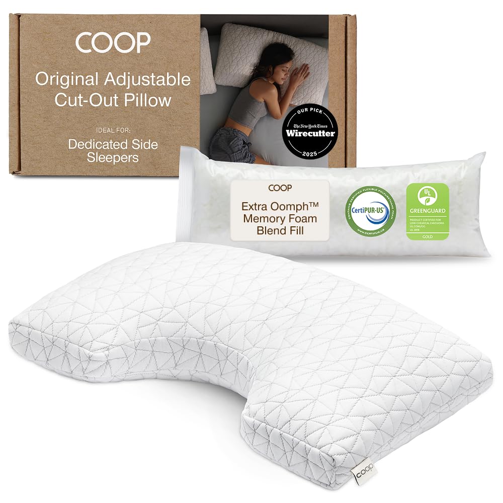 Coop Home Goods original cut-out pillow for side sleepers with shoulder support.